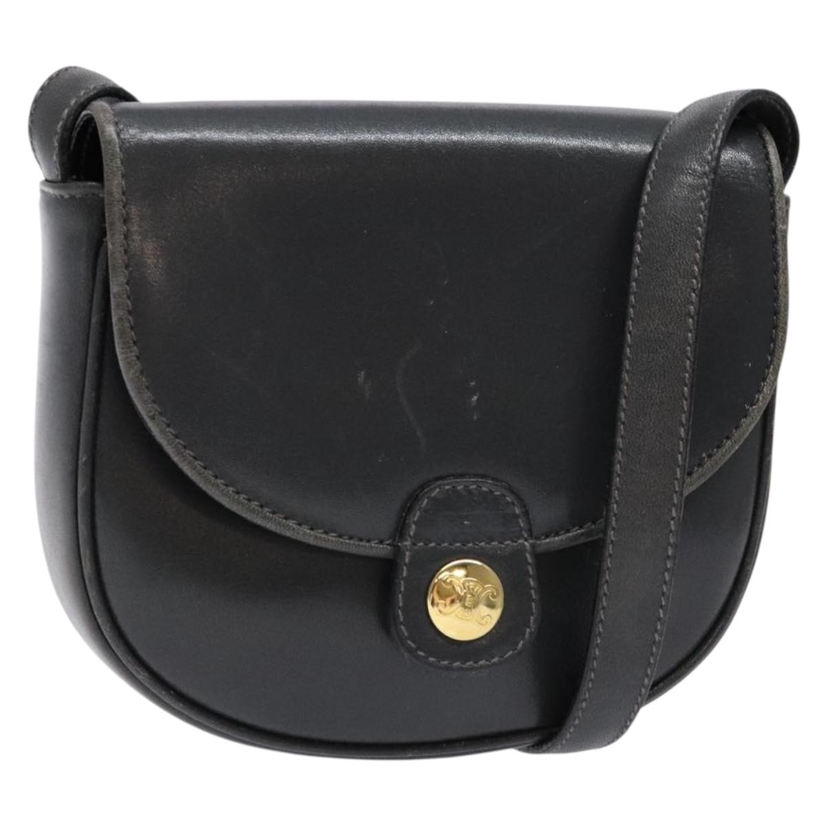 CELINE Shoulder Bag Leather Gray Gold Auth 139263