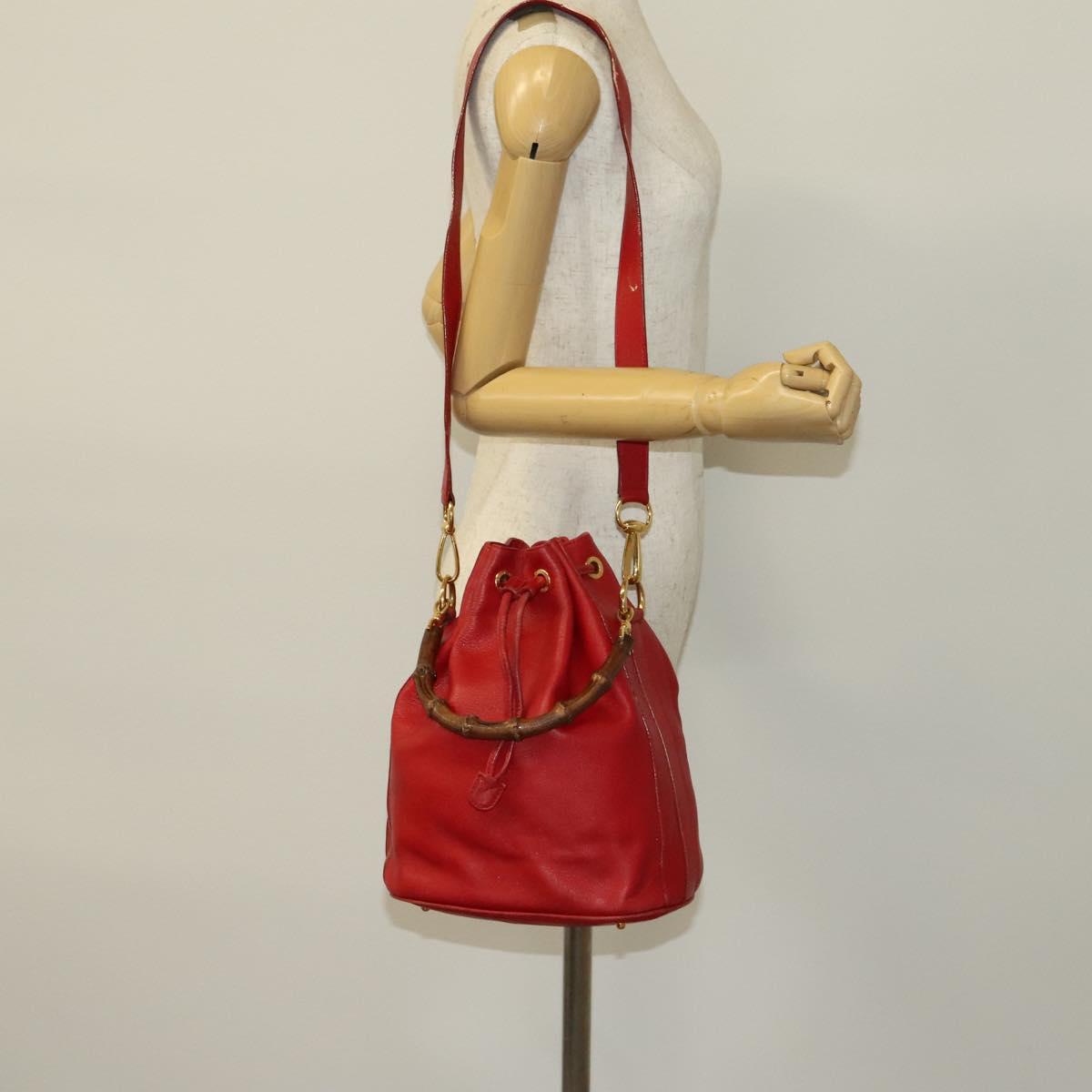 GUCCI Bamboo Hand Bag Leather 2way Red Gold 001 2040 1657 Auth 139272