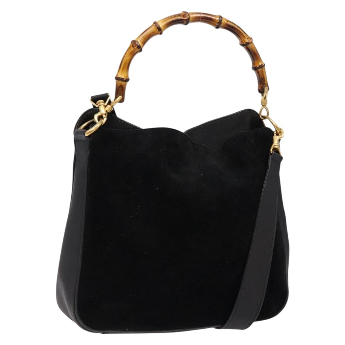 GUCCI Bamboo Shoulder Bag Suede 2way Black Gold 001 3754 1638 Auth 139273