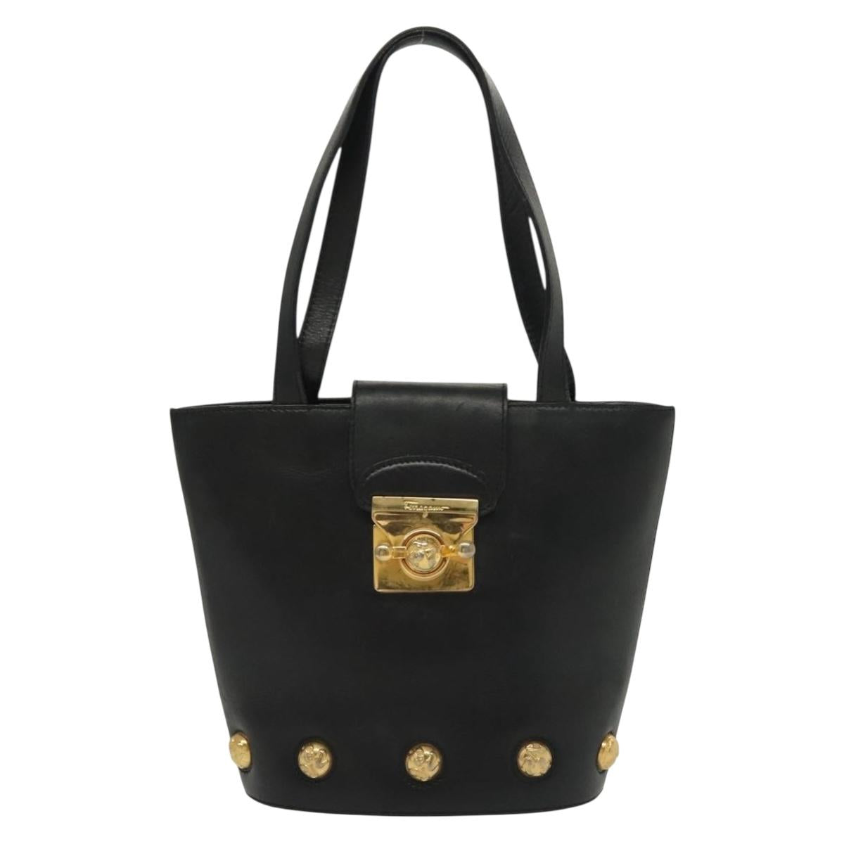 Salvatore Ferragamo Hand Bag Leather Black Gold Auth 139277