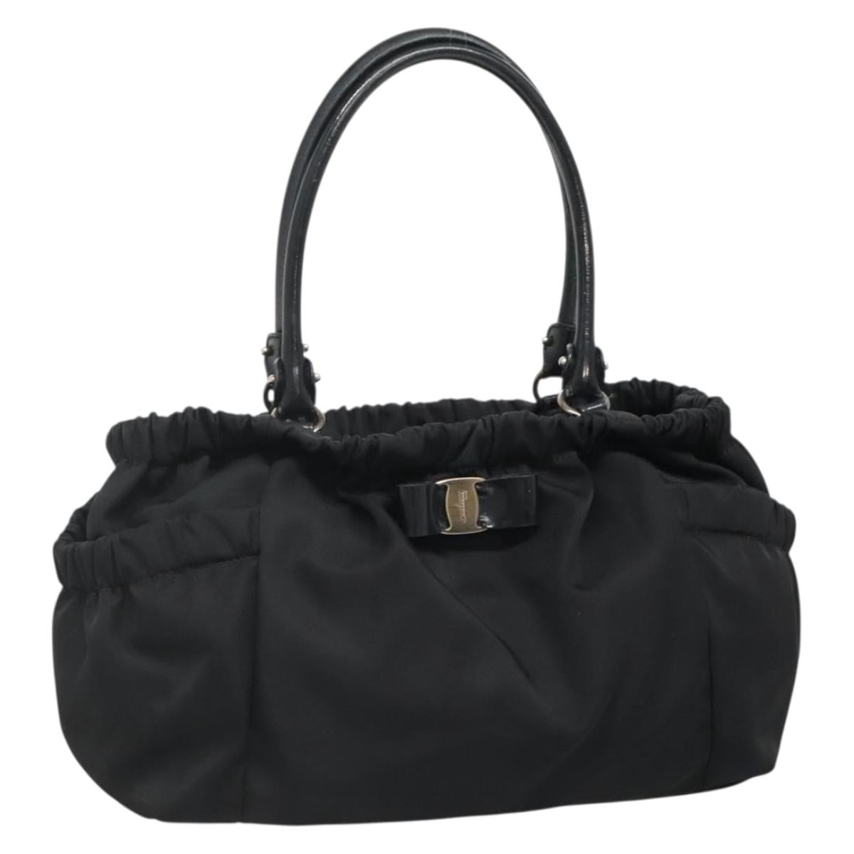 Salvatore Ferragamo Vala Hand Bag Nylon Black Silver Auth 139278