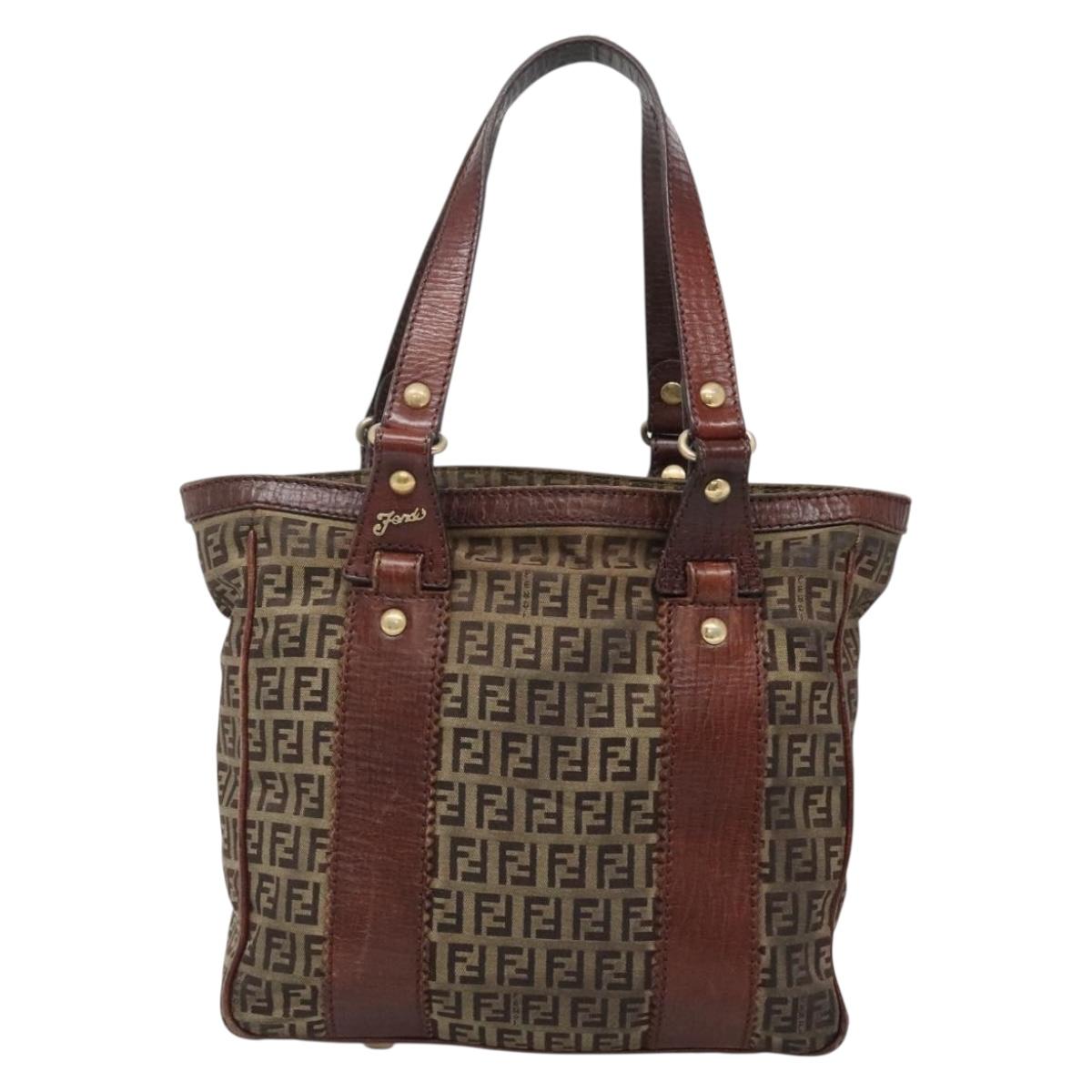 FENDI Zucchino Canvas Tote Bag Brown Gold Auth 139280