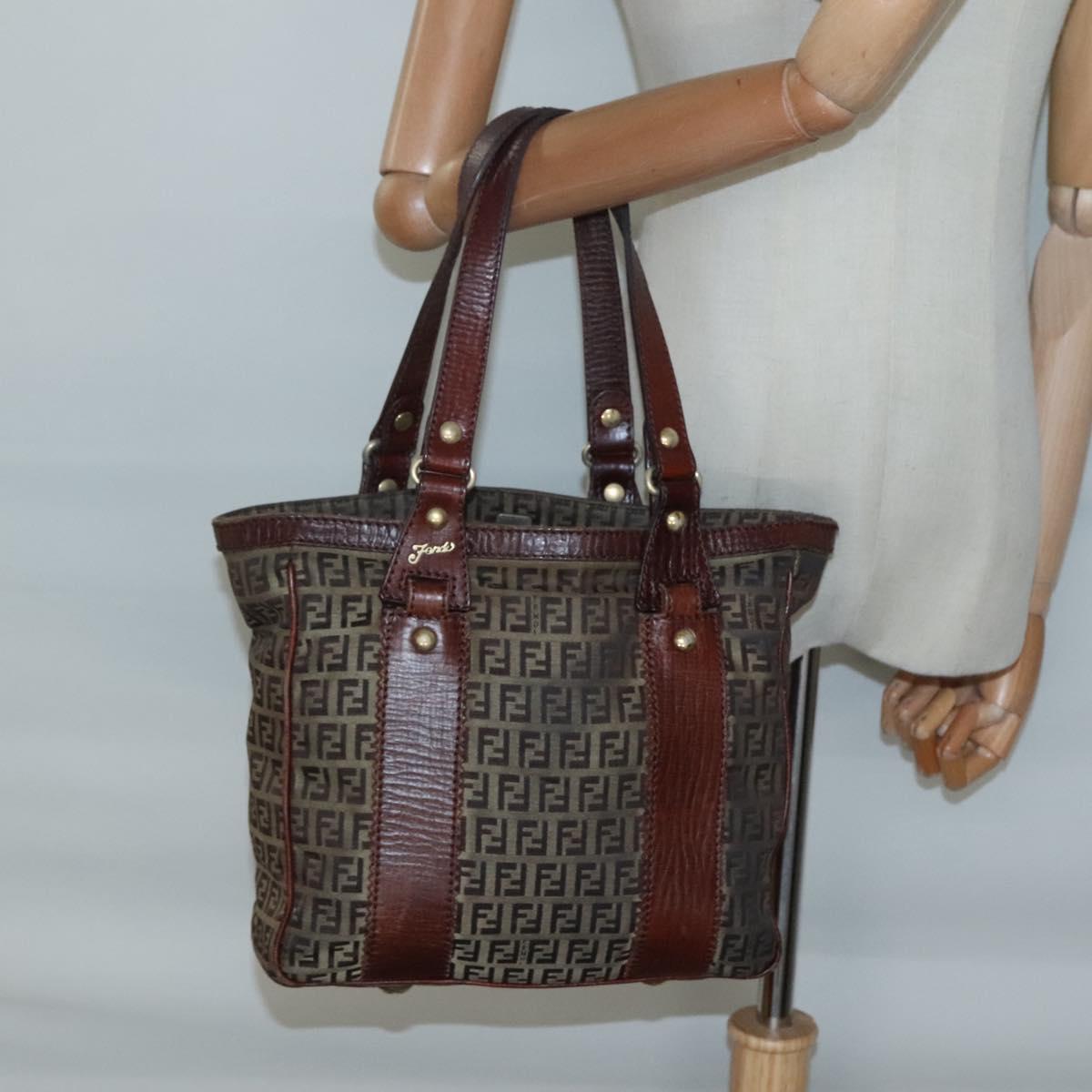 FENDI Zucchino Canvas Tote Bag Brown Gold Auth 139280