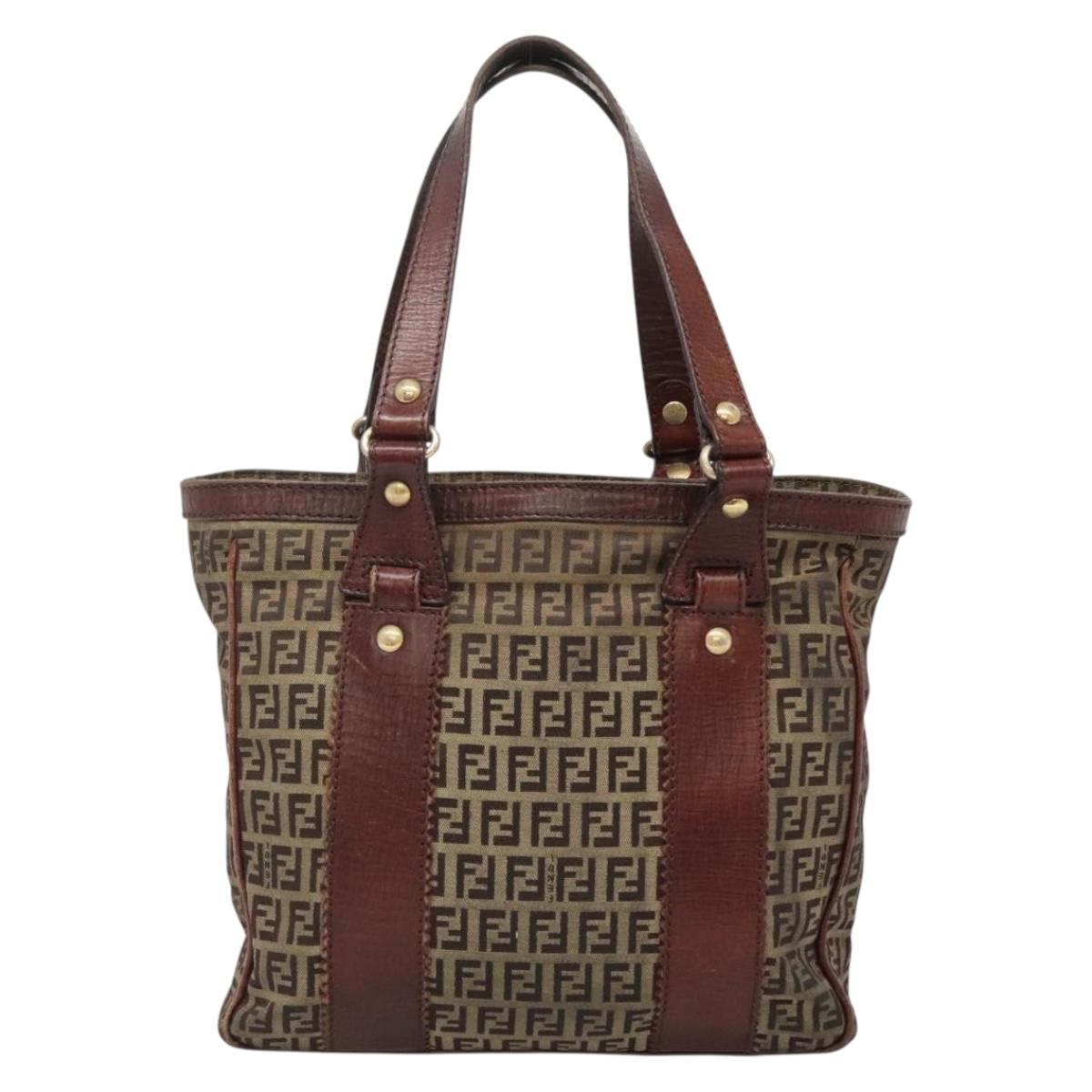 FENDI Zucchino Canvas Tote Bag Brown Gold Auth 139280
