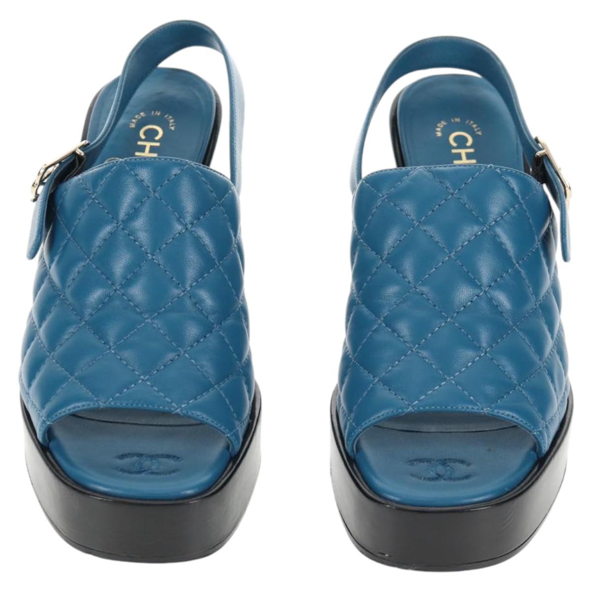 CHANEL Matelasse Heel Sandals Leather Blue CC Auth 139286M