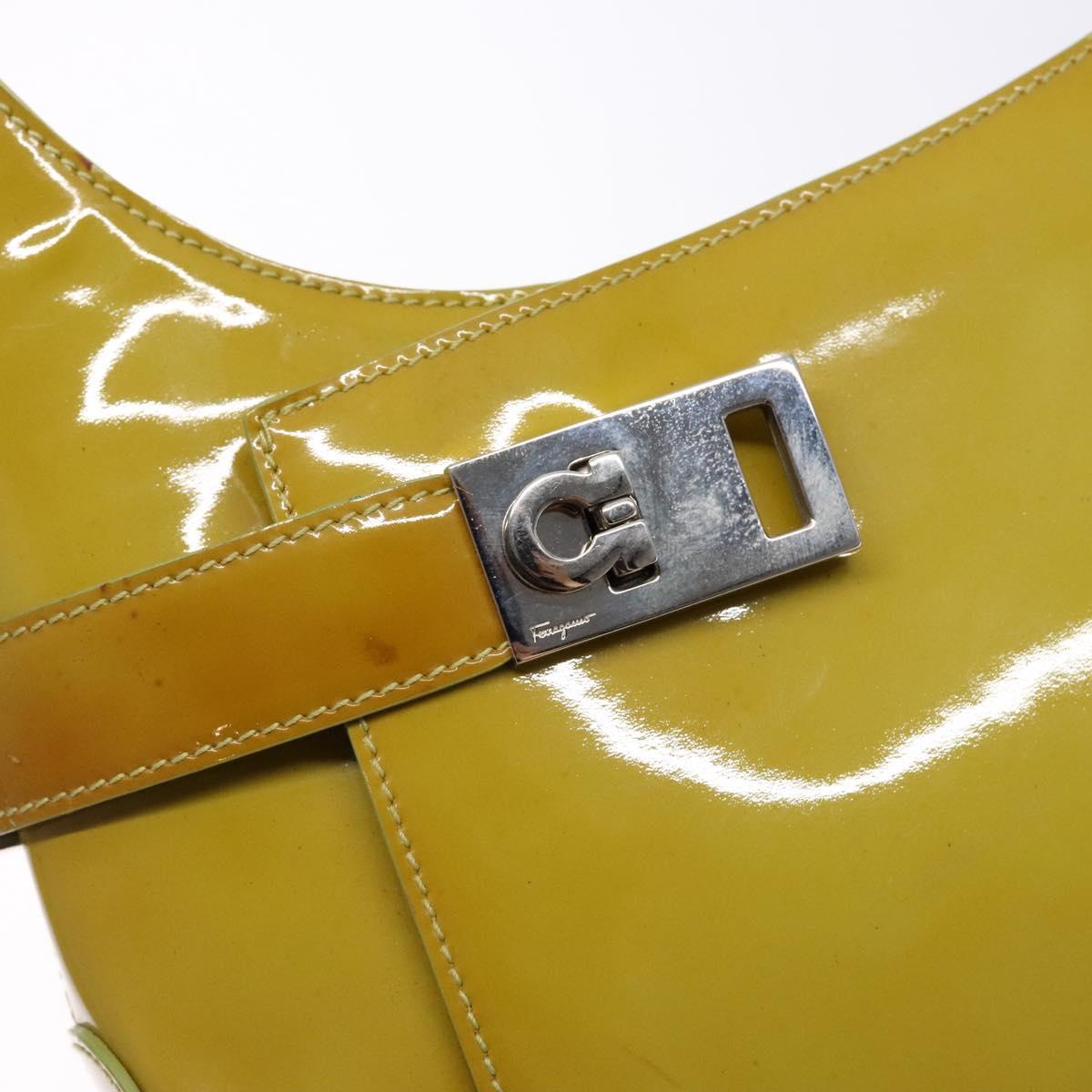 Salvatore Ferragamo Gancini Bag Patent leather Yellow Silver Auth 139287