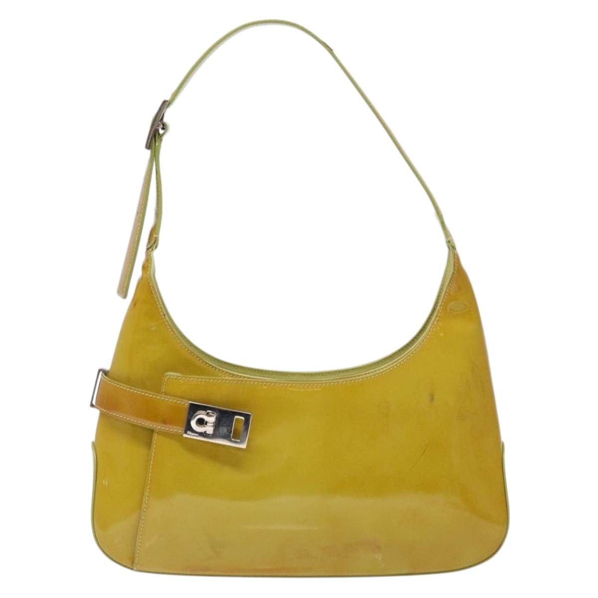 Salvatore Ferragamo Gancini Bag Patent leather Yellow Silver Auth 139287