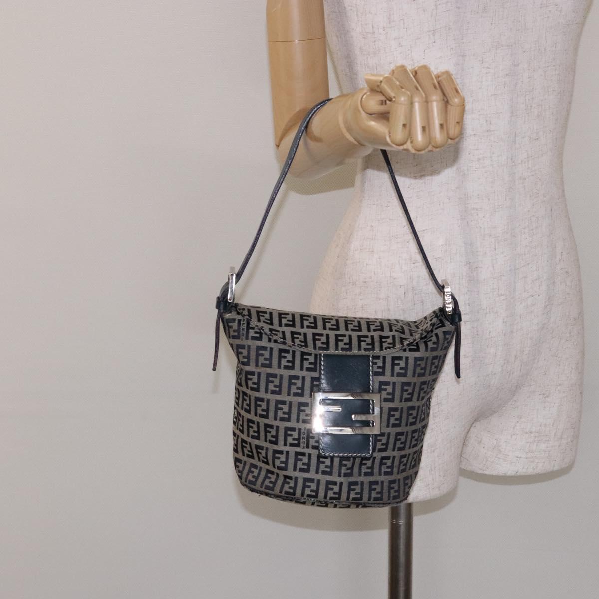 FENDI Zucchino Canvas Mamma Baguette Shoulder Bag Navy Gold Auth 139307