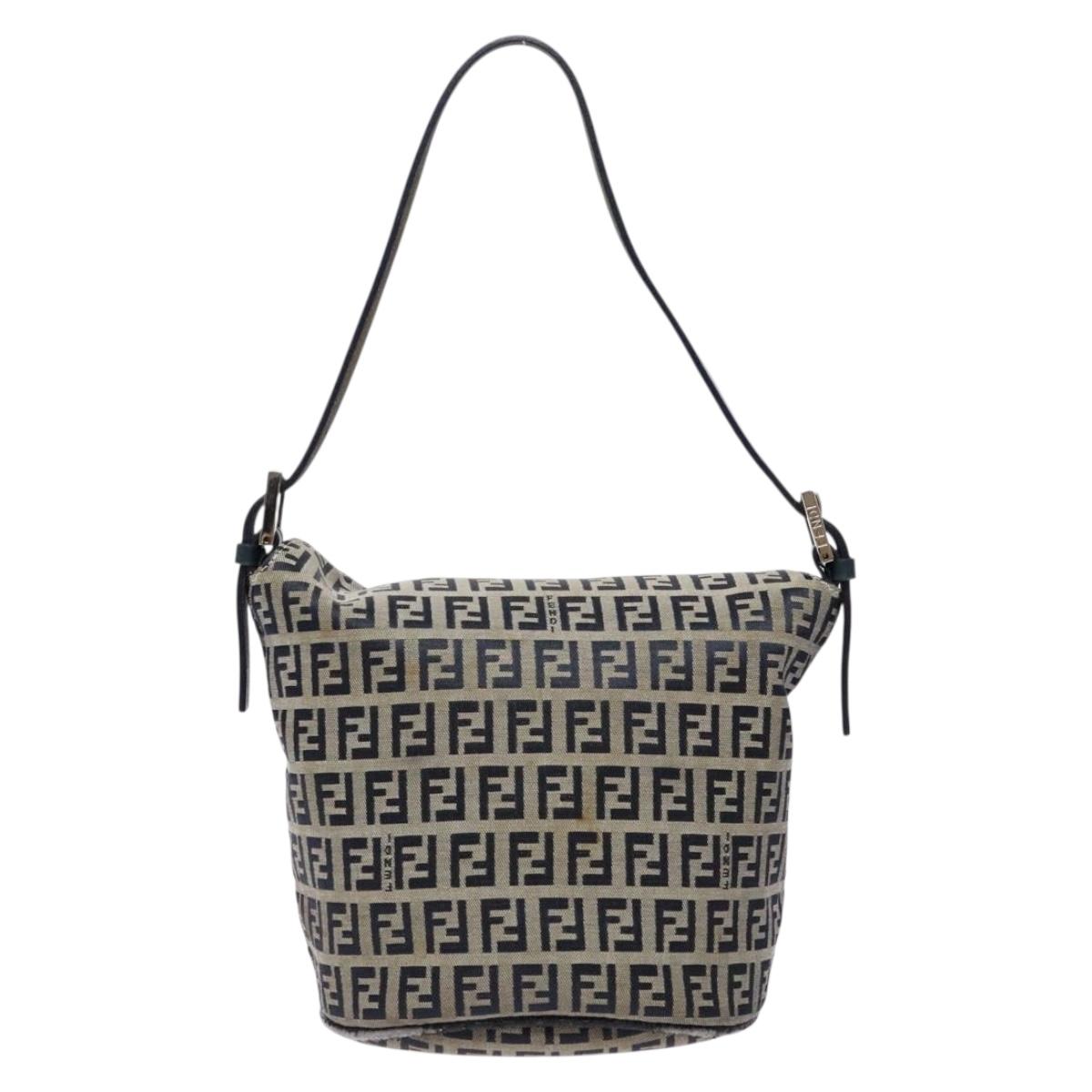 FENDI Zucchino Canvas Mamma Baguette Shoulder Bag Navy Gold Auth 139307