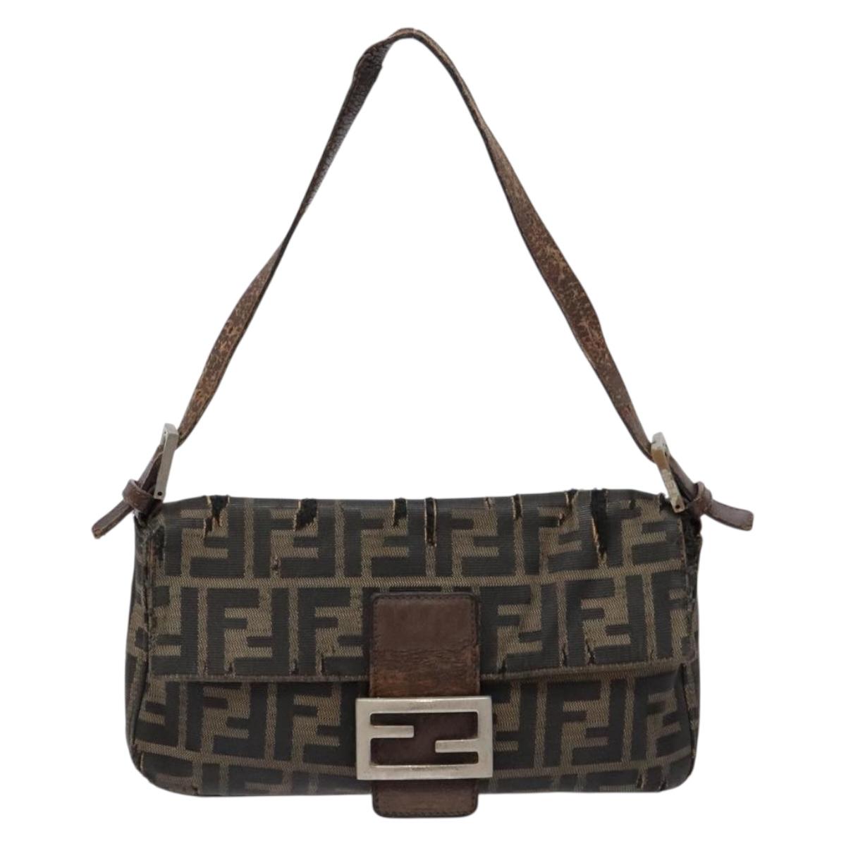 FENDI Zucca Canvas Mamma Baguette Shoulder Bag Black Brown Auth 139369