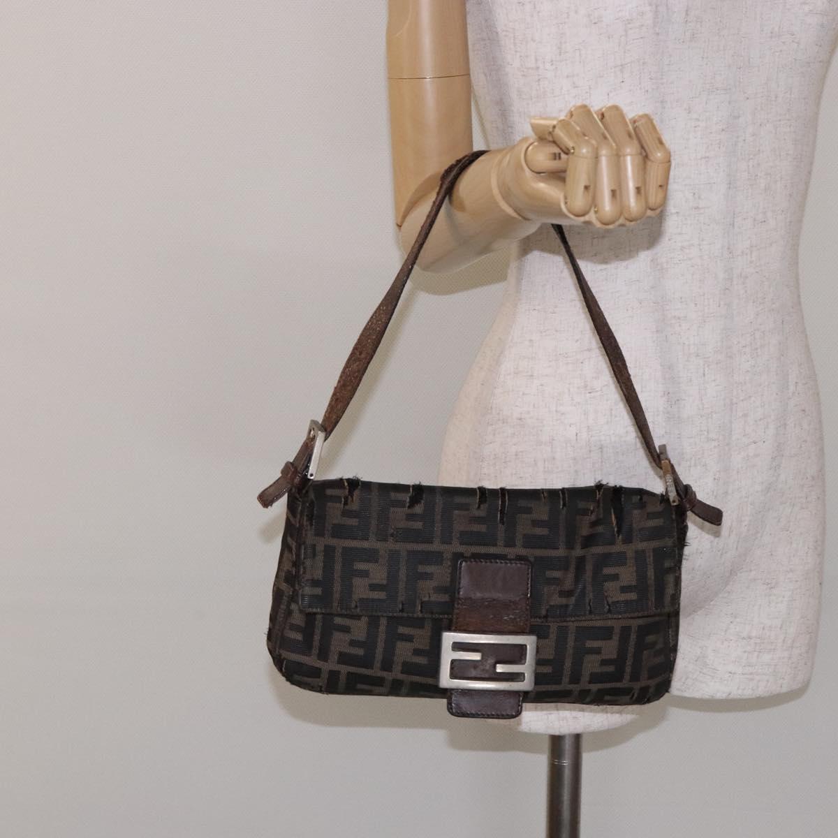 FENDI Zucca Canvas Mamma Baguette Shoulder Bag Black Brown Auth 139369