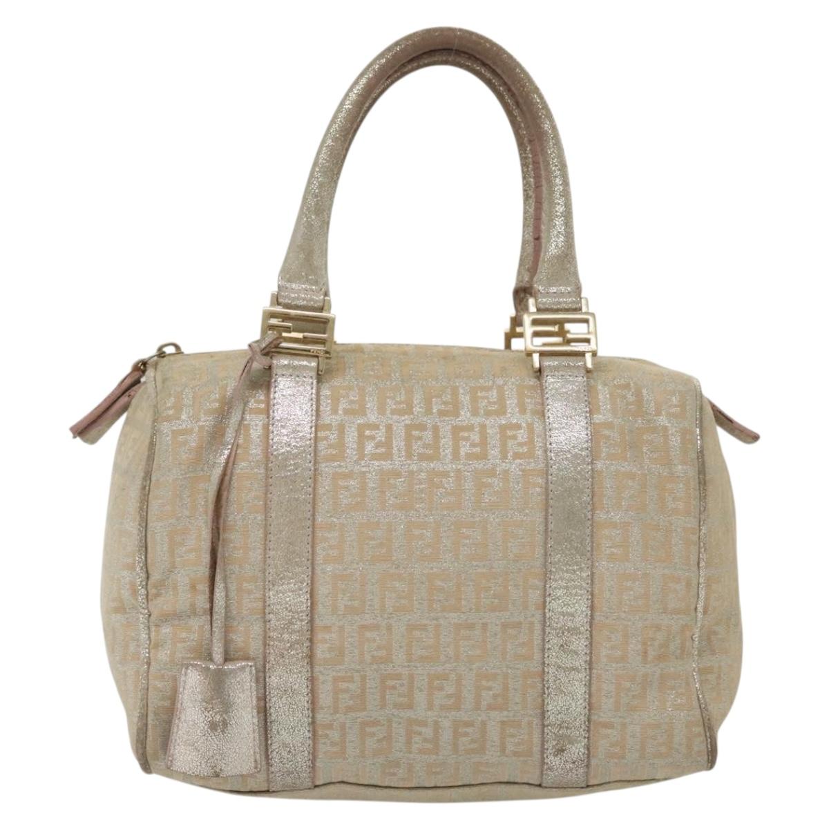 FENDI Zucchino Canvas Hand Bag Silver Gold Auth 139411