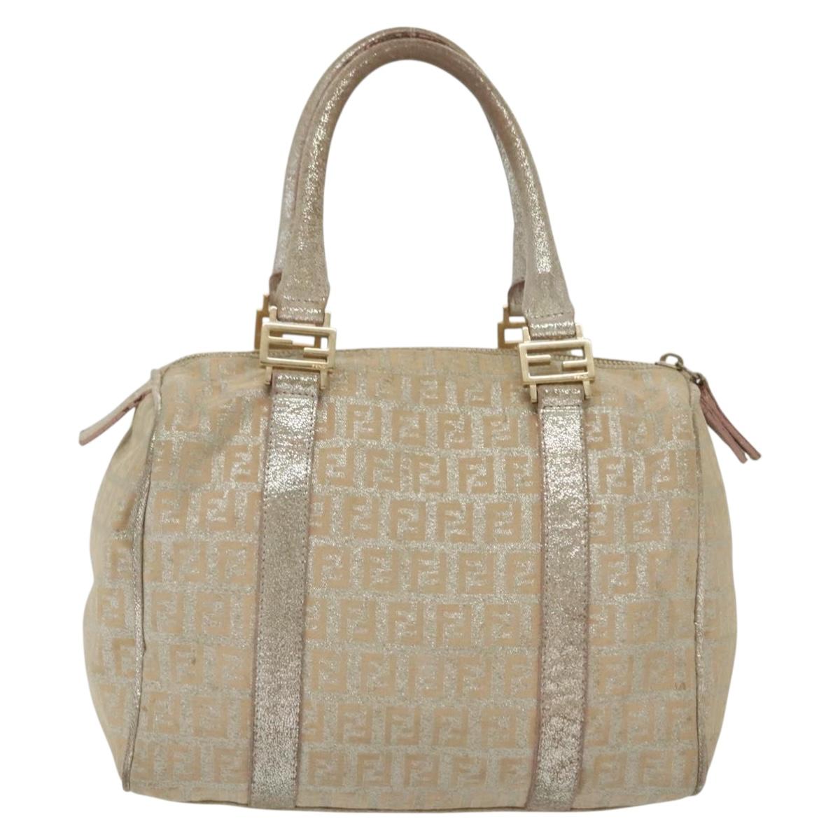 FENDI Zucchino Canvas Hand Bag Silver Gold Auth 139411