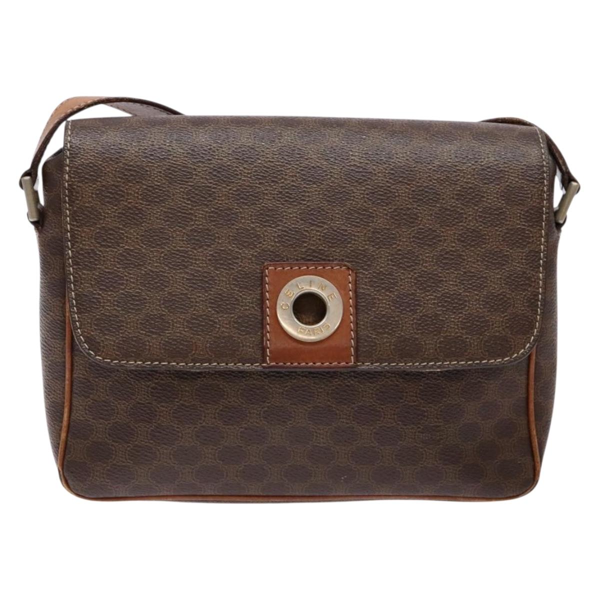 CELINE Macadam Canvas Shoulder Bag PVC Leather Brown Gold Auth 139442