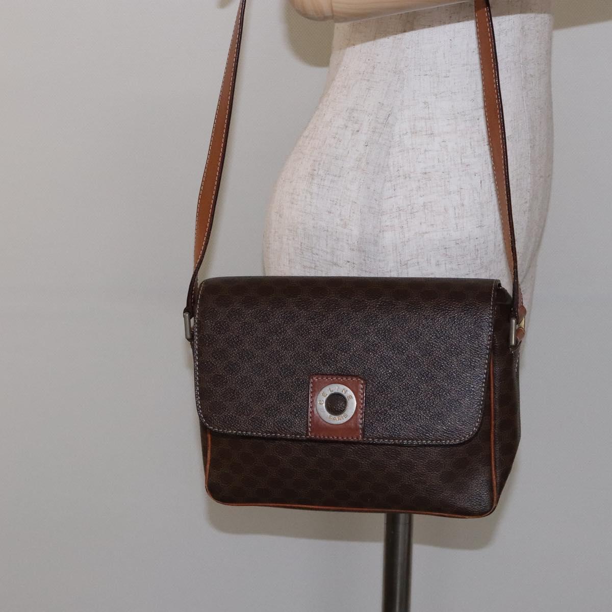 CELINE Macadam Canvas Shoulder Bag PVC Leather Brown Gold Auth 139442