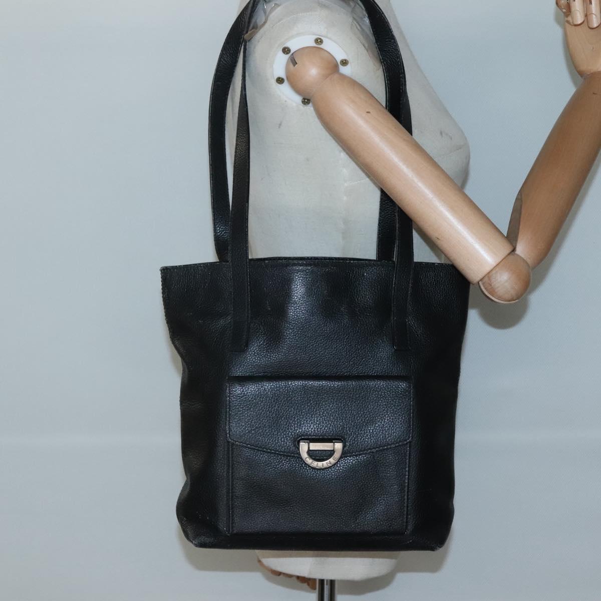 CELINE Shoulder Bag Leather Black Silver Auth 139444