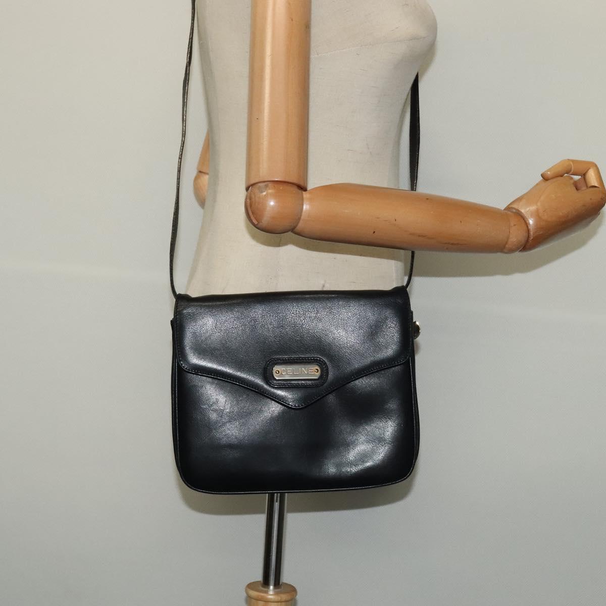 CELINE Shoulder Bag Leather Black Gold Auth 139445