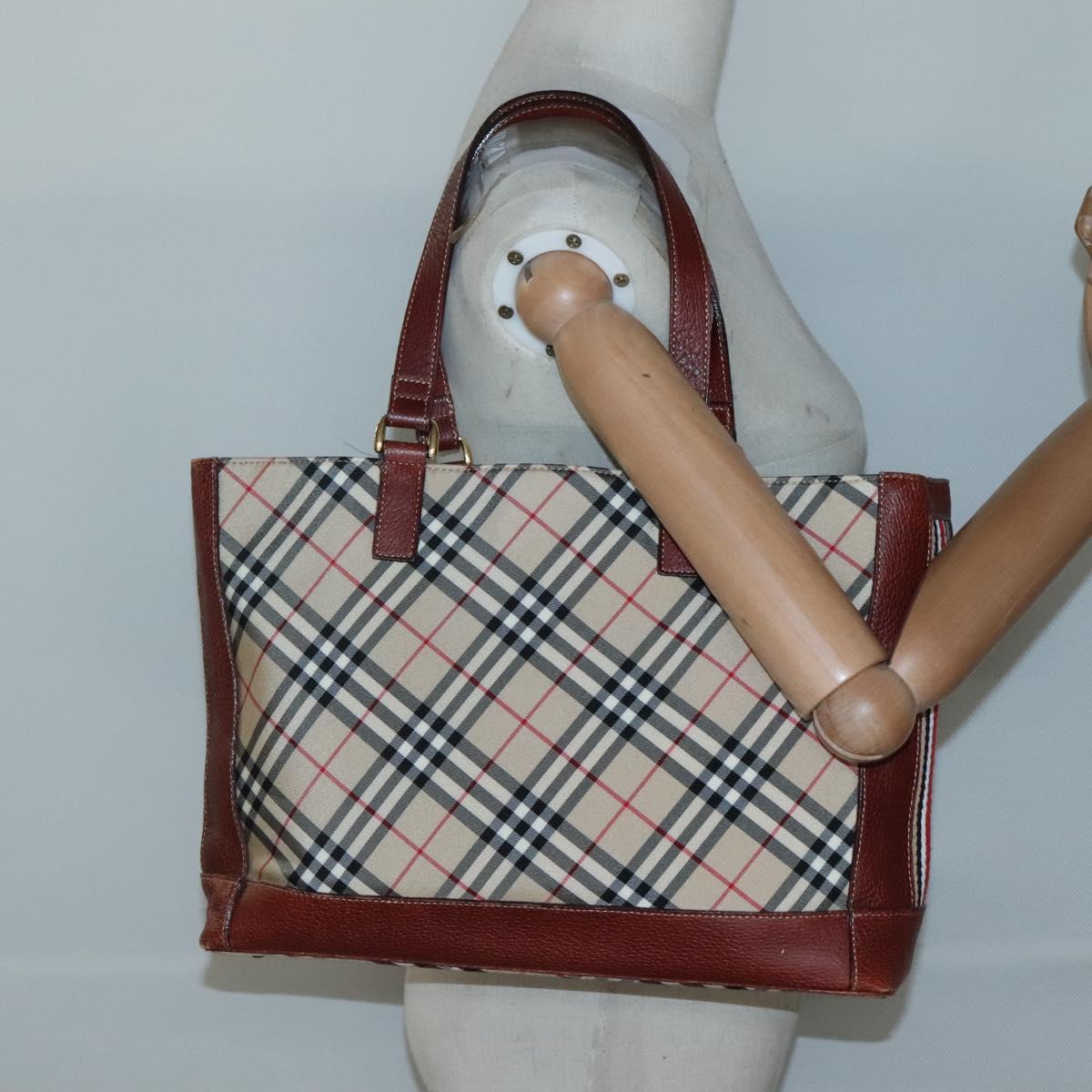 BURBERRY Nova Check Blue Label Tote Bag Canvas Beige Gold Auth 139454