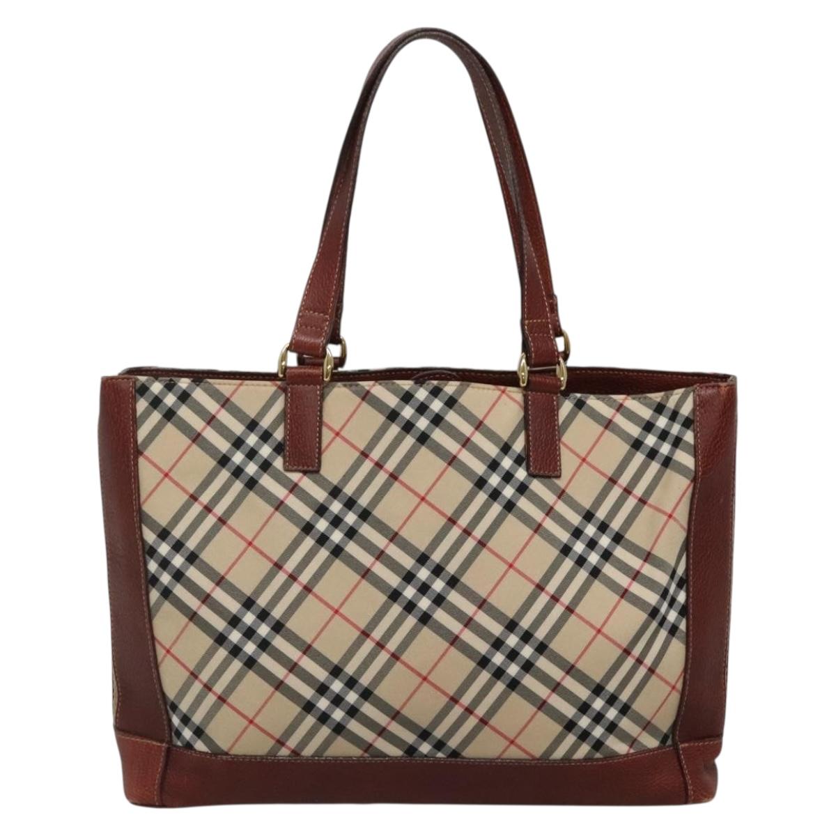 BURBERRY Nova Check Blue Label Tote Bag Canvas Beige Gold Auth 139454