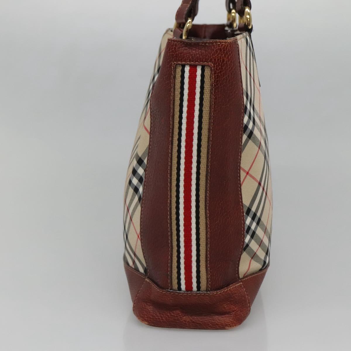 BURBERRY Nova Check Blue Label Tote Bag Canvas Beige Gold Auth 139454