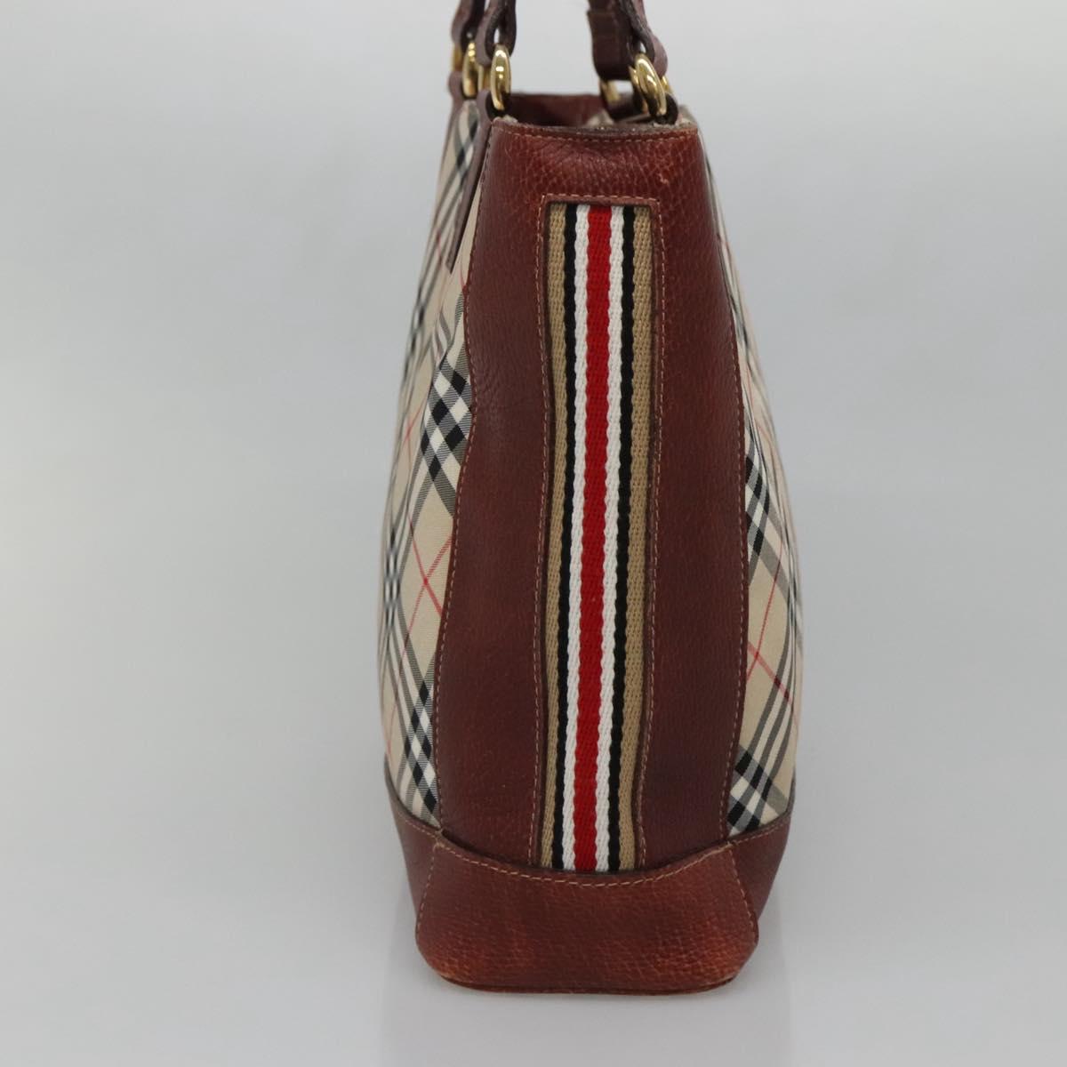 BURBERRY Nova Check Blue Label Tote Bag Canvas Beige Gold Auth 139454