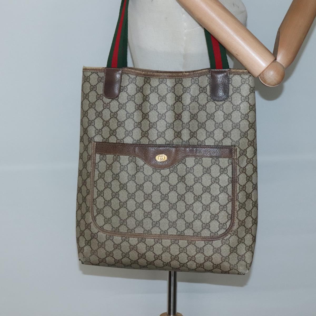 GUCCI GG Supreme Web Sherry Line Tote Bag PVC Beige Gold 39 02 003 Auth 139460
