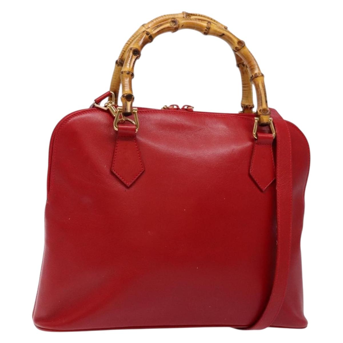 GUCCI Bamboo Hand Bag Leather 2way Red Gold 000 2214 0289 Auth 139463