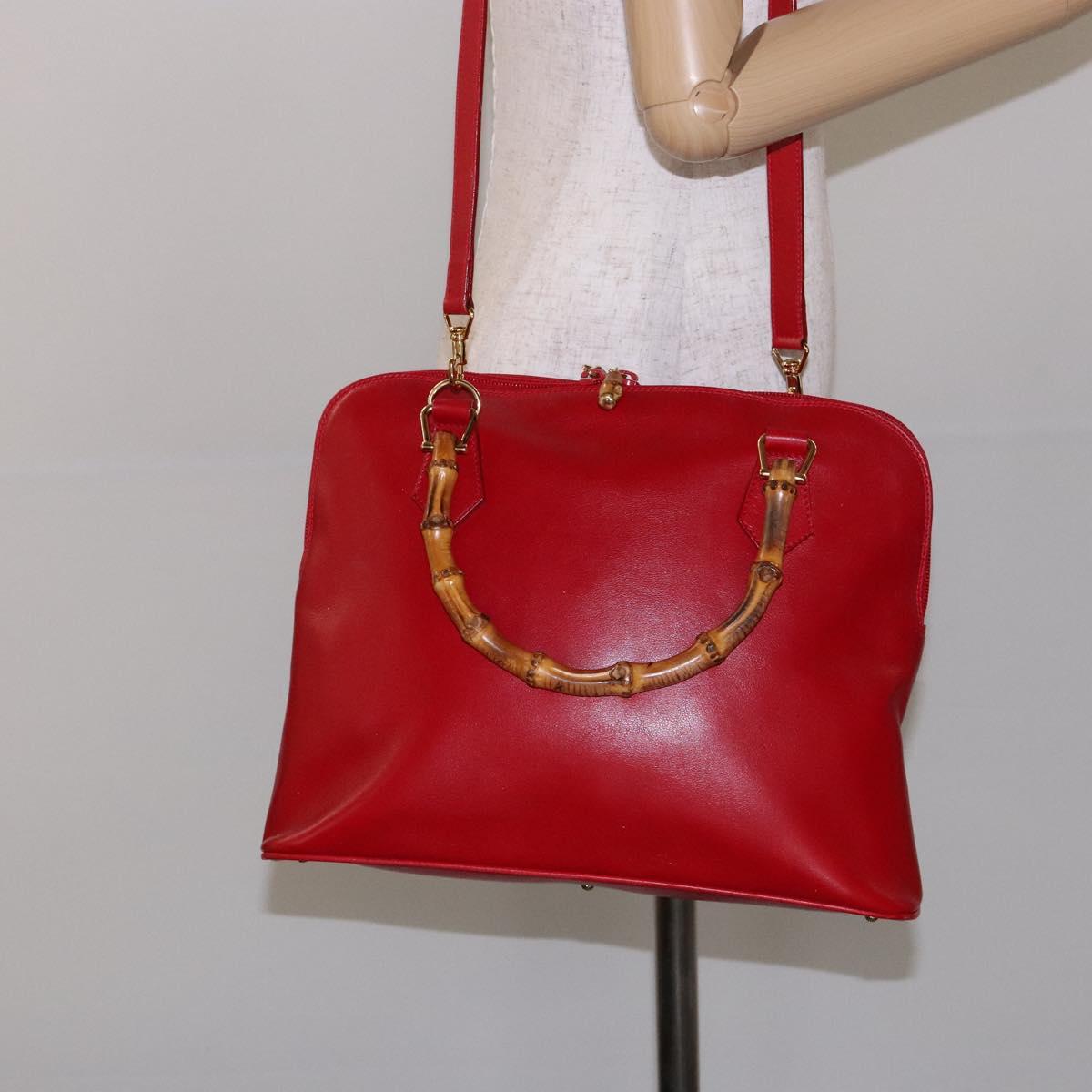 GUCCI Bamboo Hand Bag Leather 2way Red Gold 000 2214 0289 Auth 139463