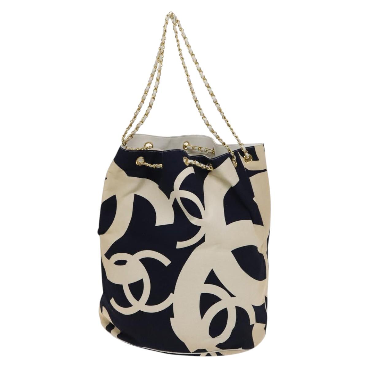 CHANEL Chain Tote Bag Canvas Navy Gold CC Auth 139465