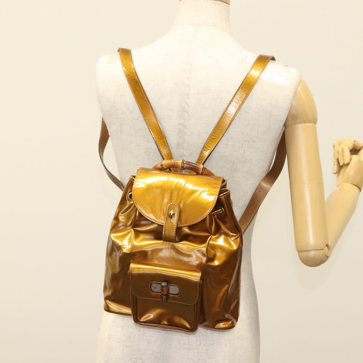 GUCCI Bamboo Backpack Patent leather Outlet Gold 003 1705 0030 Auth 139519