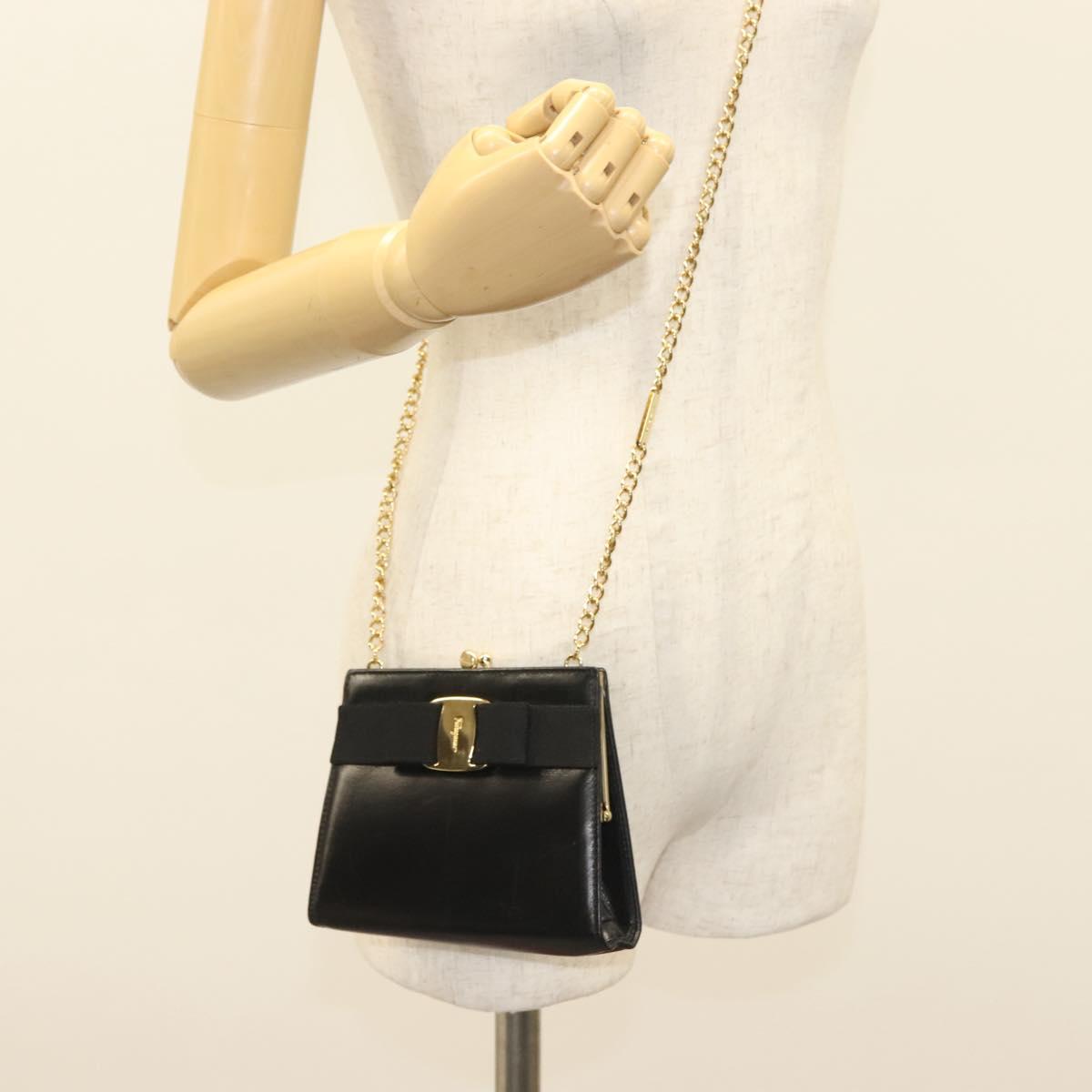 Salvatore Ferragamo Chain Vala Shoulder Bag Leather Black Gold Auth 139529