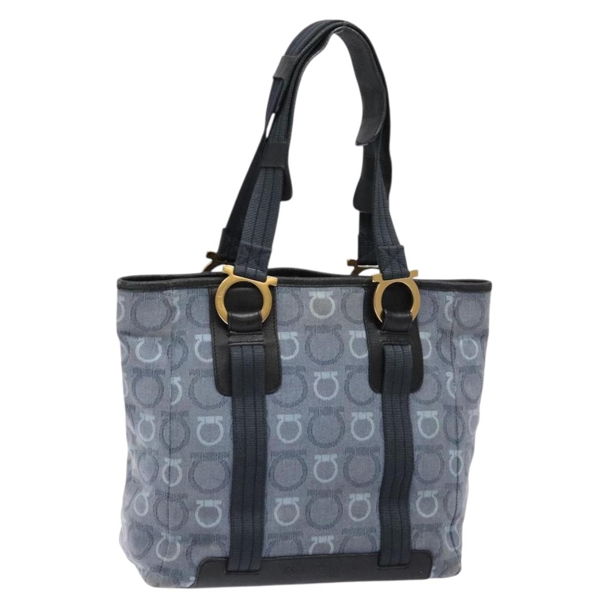 Salvatore Ferragamo Gancini Tote Bag Canvas Blue Gold Auth 139532