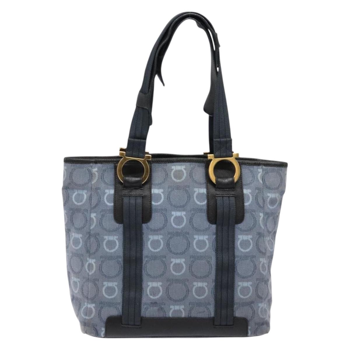 Salvatore Ferragamo Gancini Tote Bag Canvas Blue Gold Auth 139532