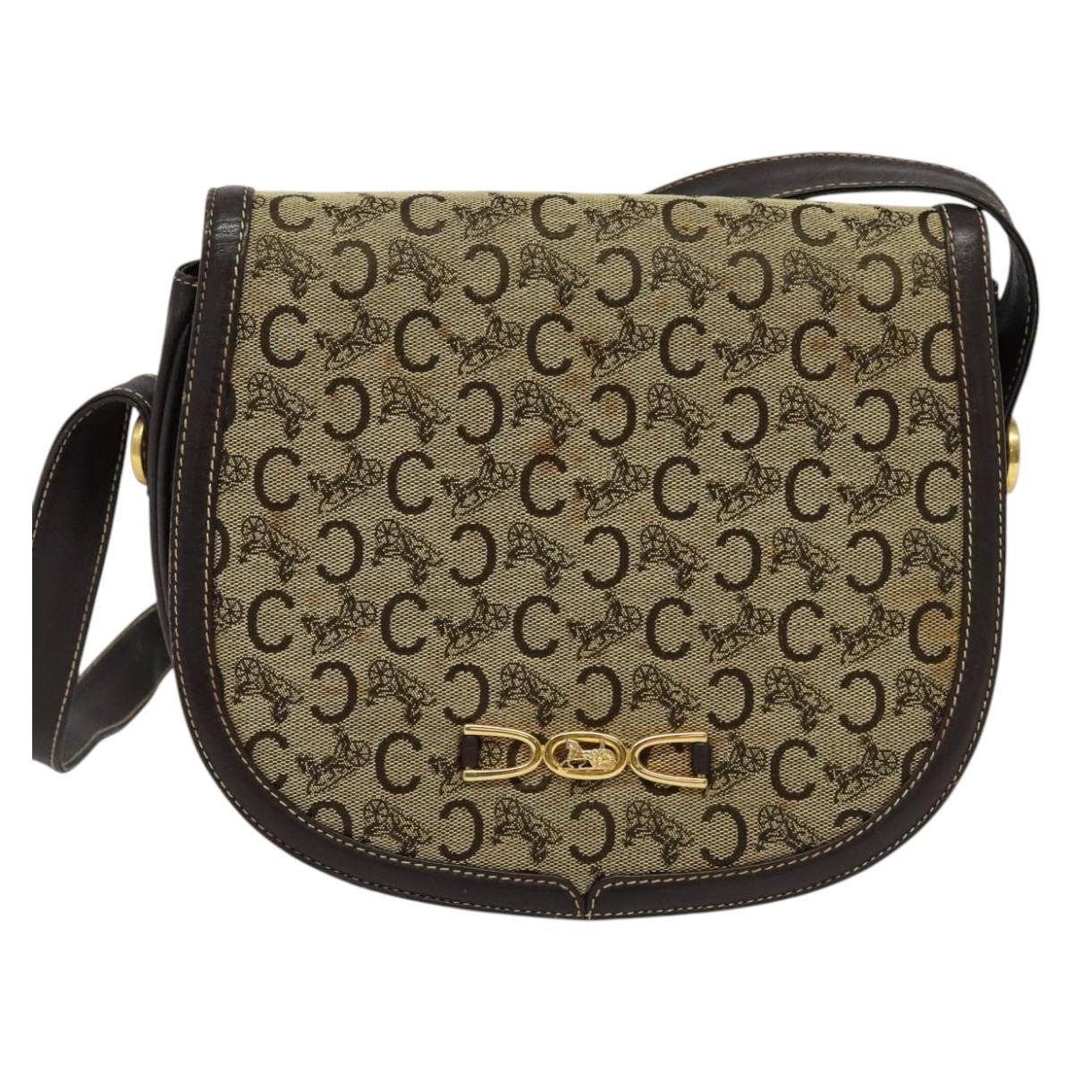 CELINE C Sulky Shoulder Bag Canvas Beige Gold Auth 139534
