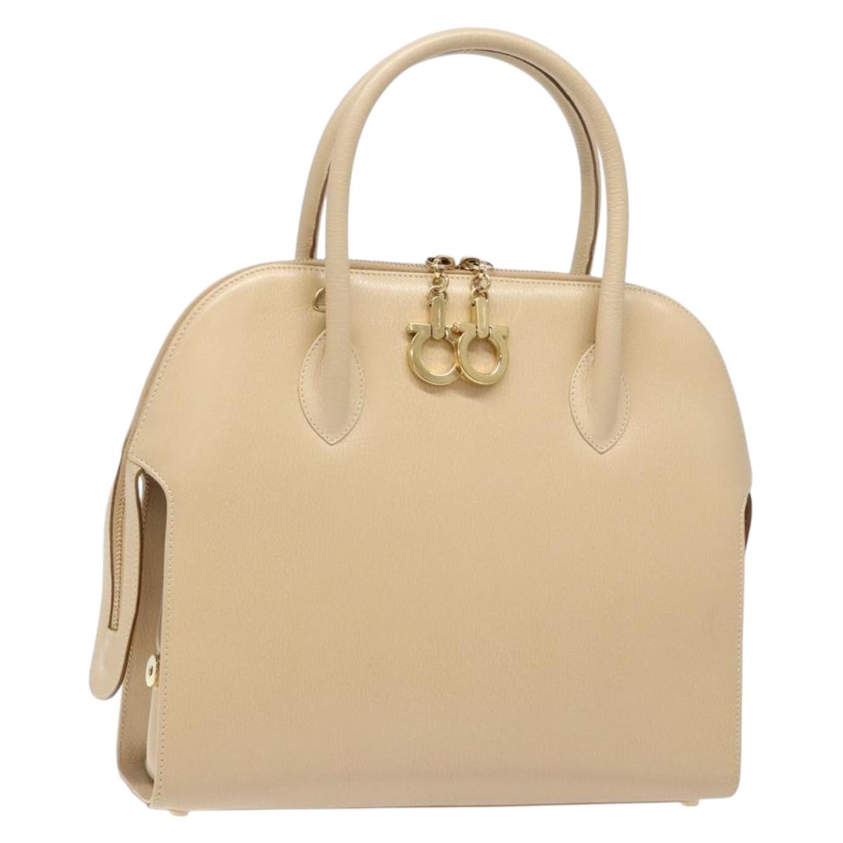 Salvatore Ferragamo Gancini Hand Bag Leather Ivory Gold Auth 139544
