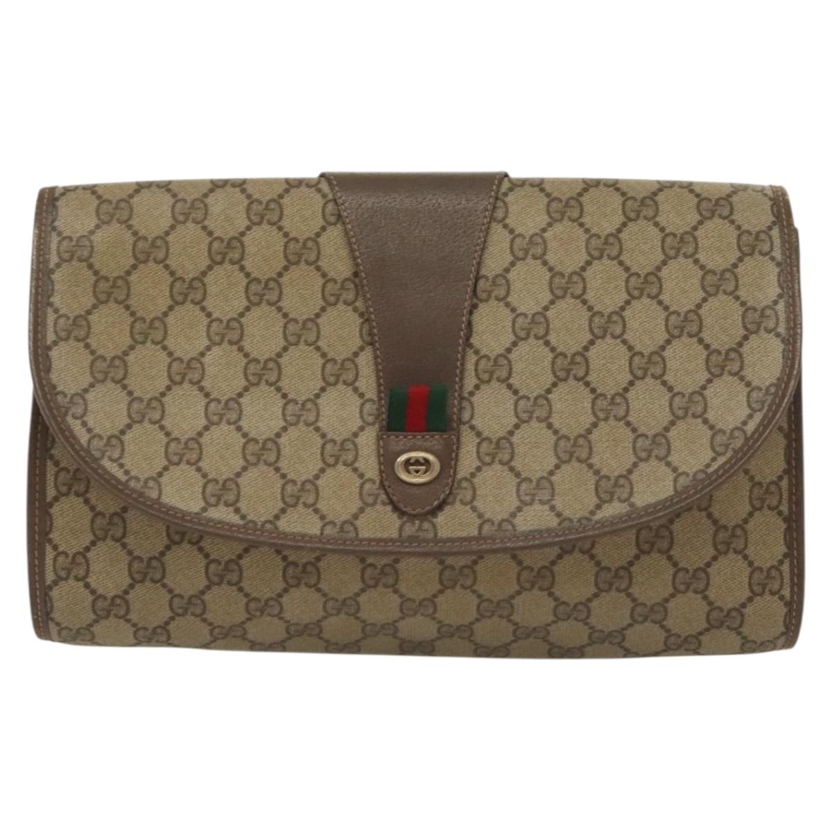 GUCCI GG Supreme Web Sherry Line Clutch Bag PVC Beige 156 01 031 Auth 139574