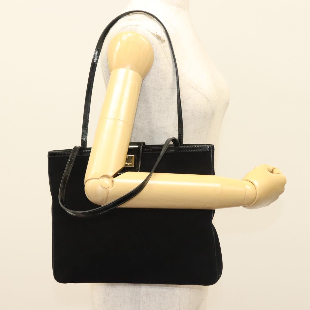 Salvatore Ferragamo Shoulder Bag Suede Black Gold Auth 139577