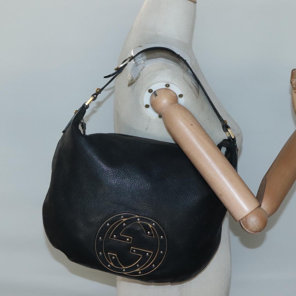 GUCCI Interlocking Shoulder Bag Leather Black Gold 121548 Auth 139643