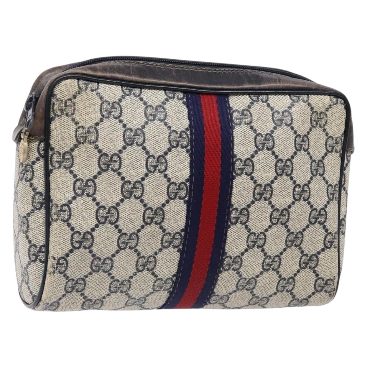 GUCCI GG Supreme Sherry Line Clutch Bag PVC Navy Gold Auth 139644