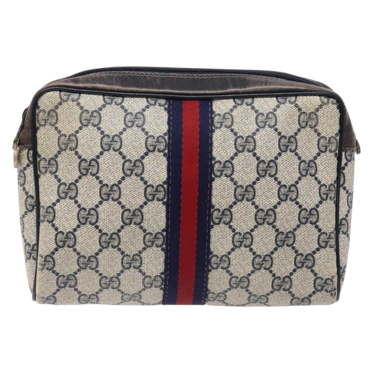 GUCCI GG Supreme Sherry Line Clutch Bag PVC Navy Gold Auth 139644
