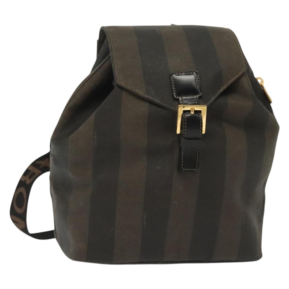 FENDI Pecan Canvas Backpack PVC Brown Black gold Auth 139650