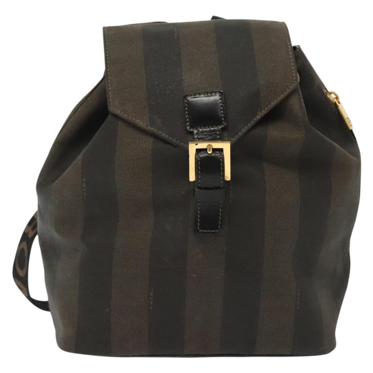 FENDI Pecan Canvas Backpack PVC Brown Black gold Auth 139650