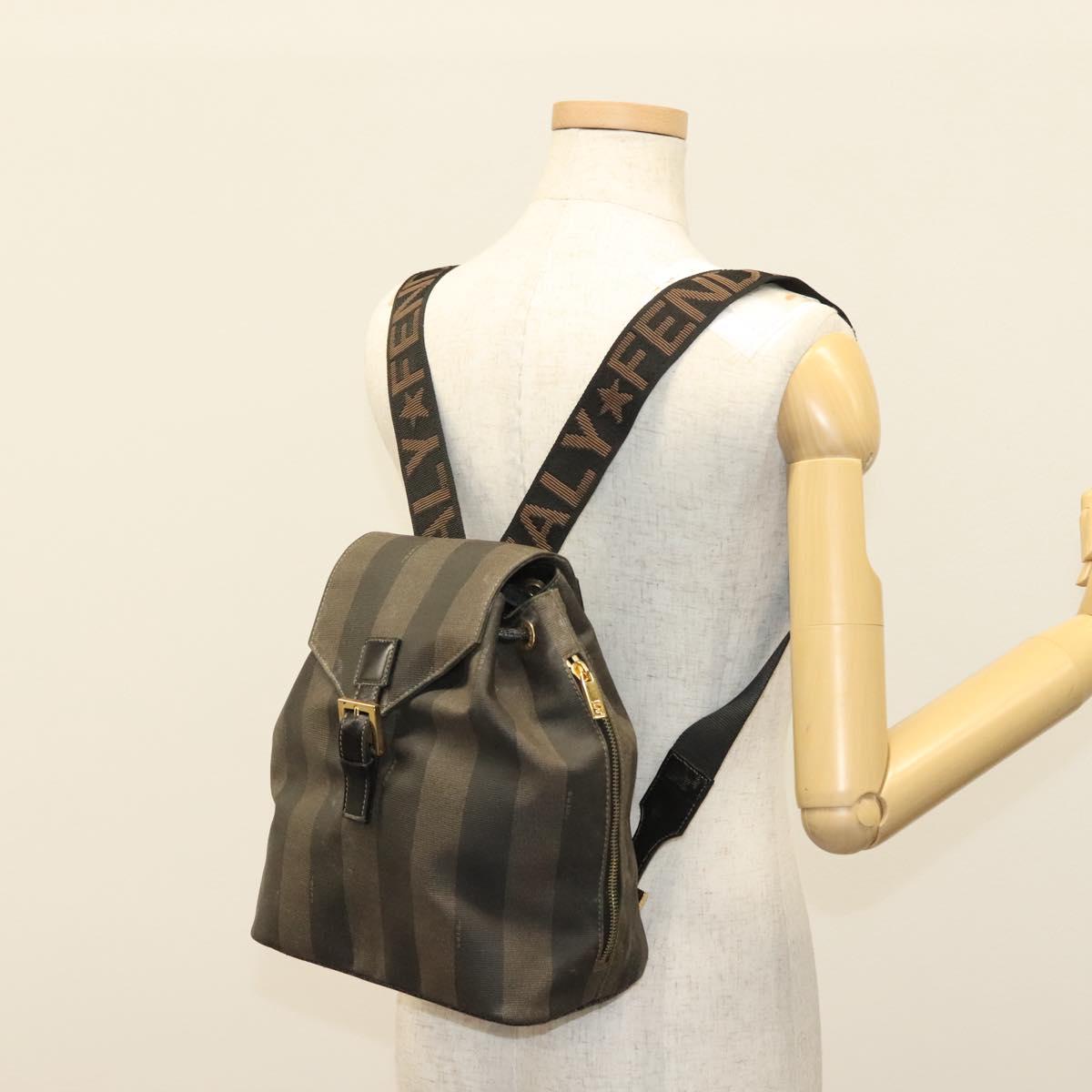 FENDI Pecan Canvas Backpack PVC Brown Black gold Auth 139650