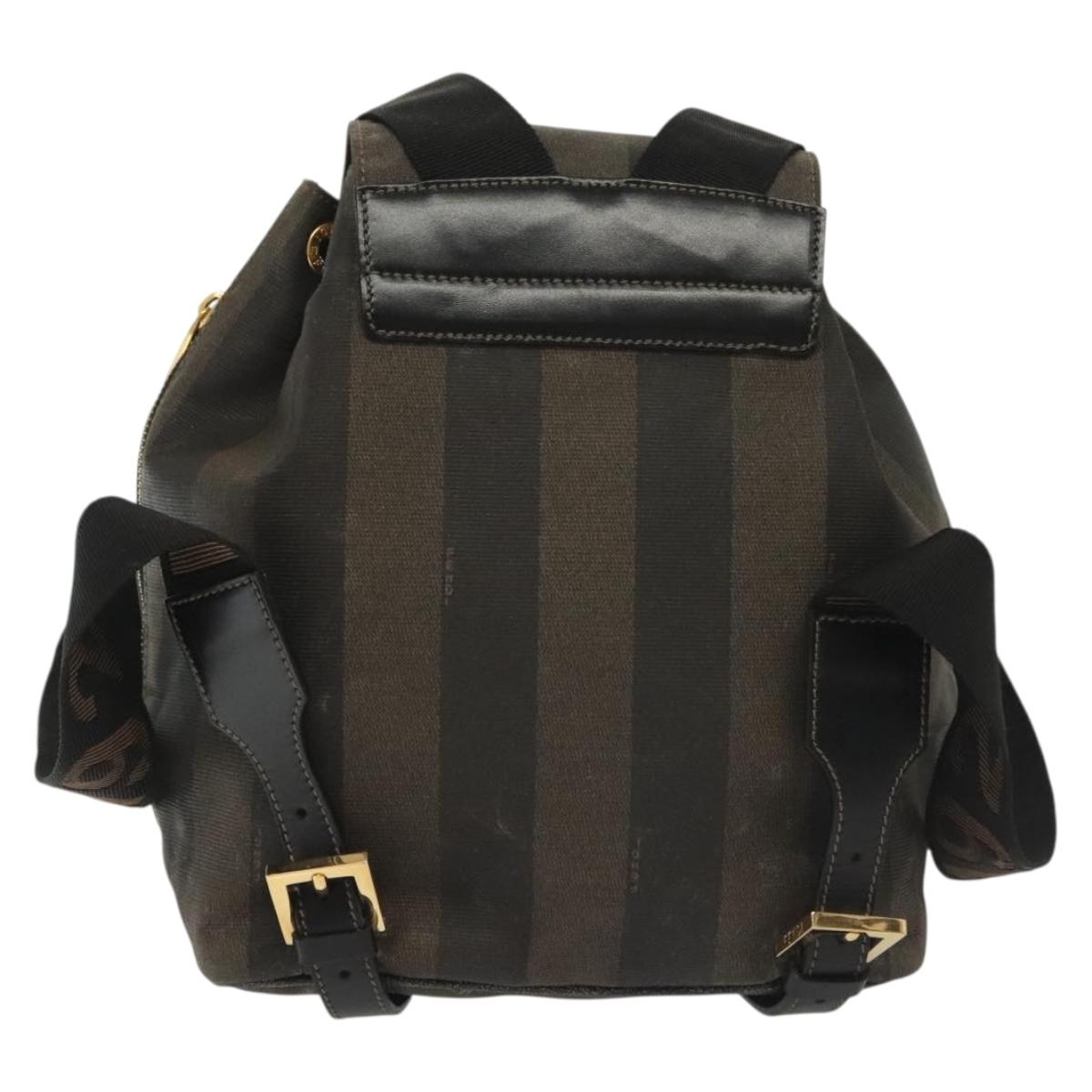 FENDI Pecan Canvas Backpack PVC Brown Black gold Auth 139650