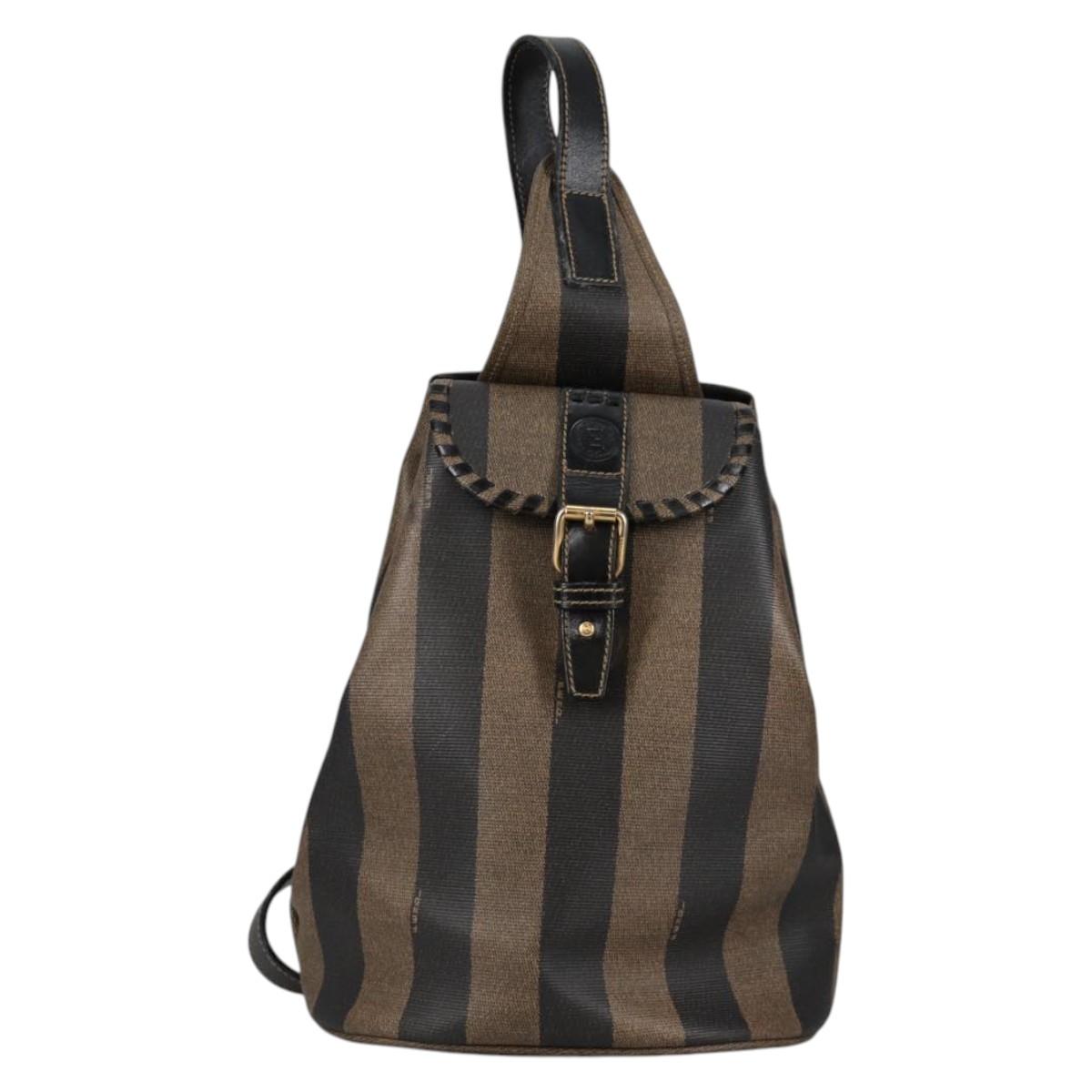 FENDI Pecan Canvas Shoulder Bag PVC Black Brown gold Auth 139699