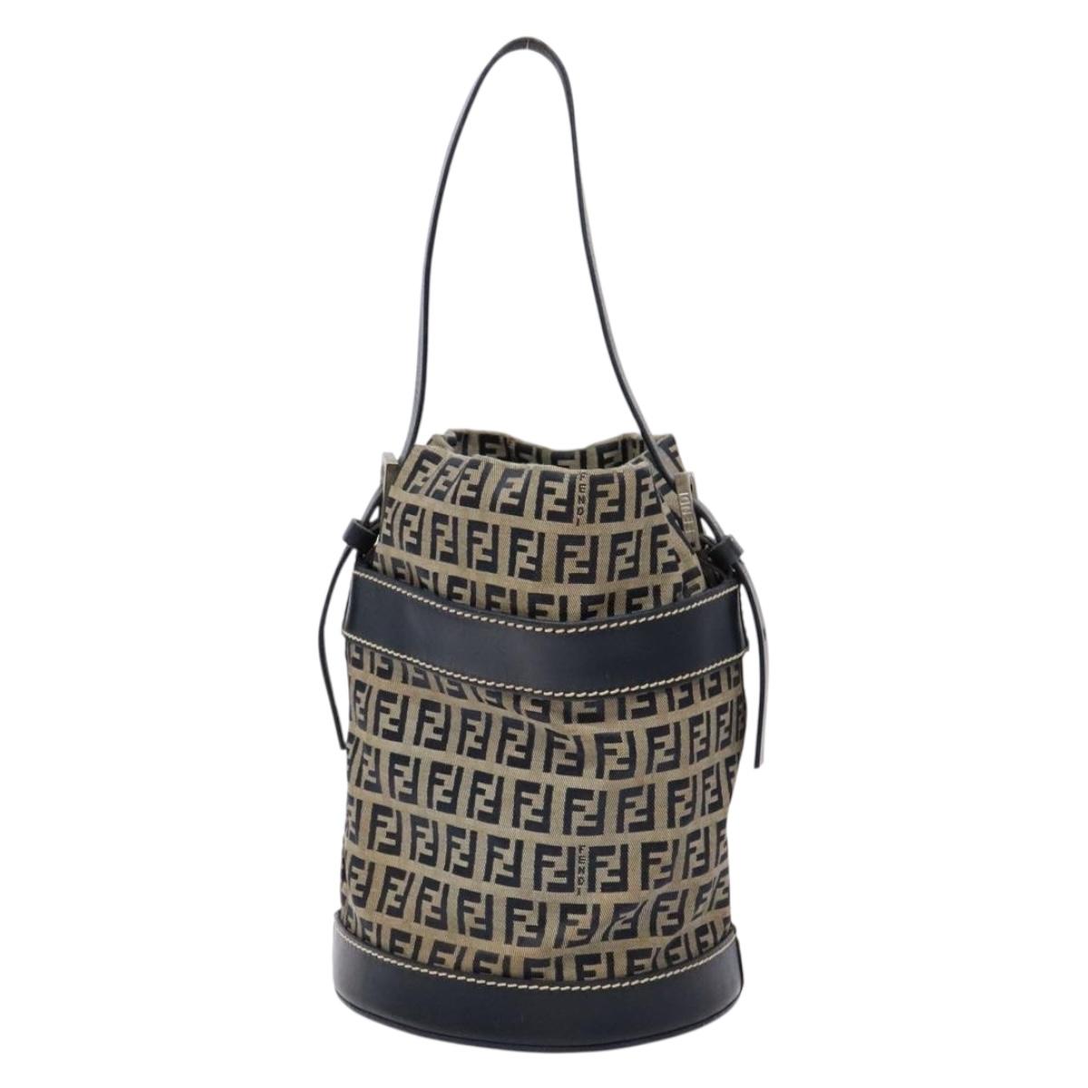 FENDI Zucchino Canvas Shoulder Bag Navy Silver Auth 139734