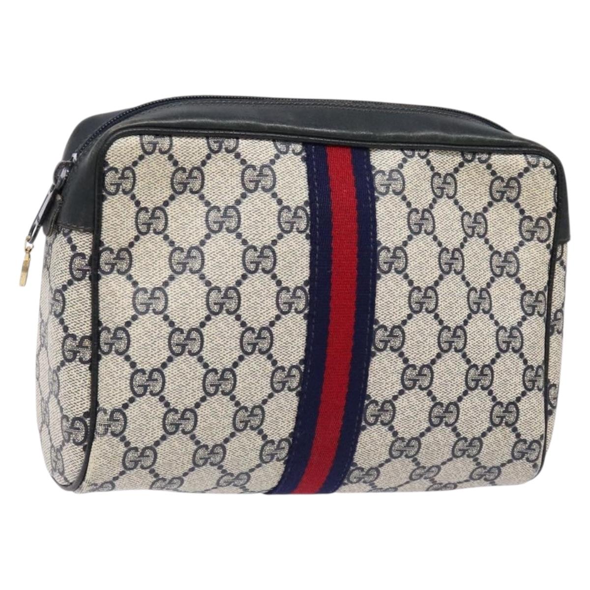 GUCCI GG Supreme Sherry Line Clutch Bag PVC Navy Gold Red Auth 139750