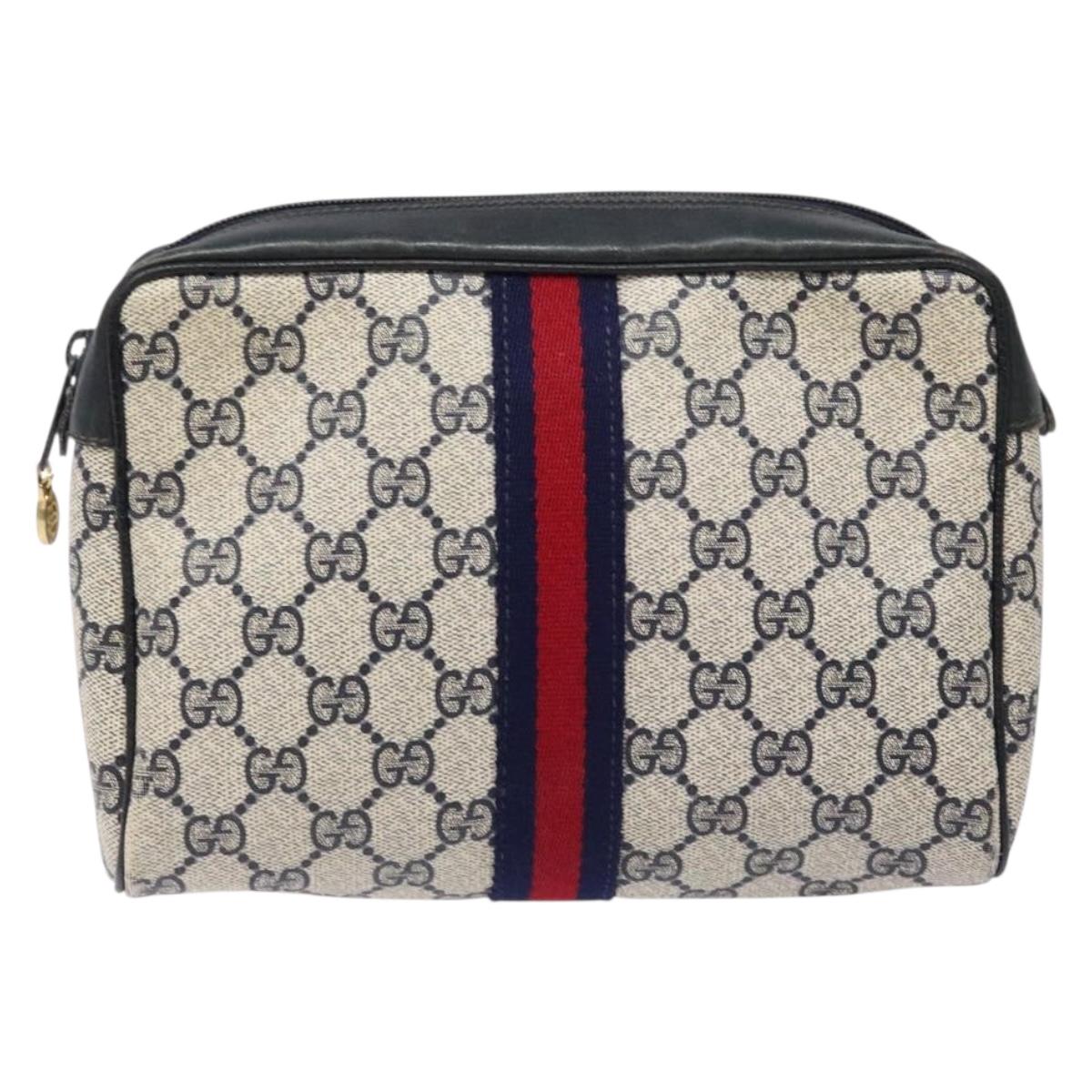 GUCCI GG Supreme Sherry Line Clutch Bag PVC Navy Gold Red Auth 139750