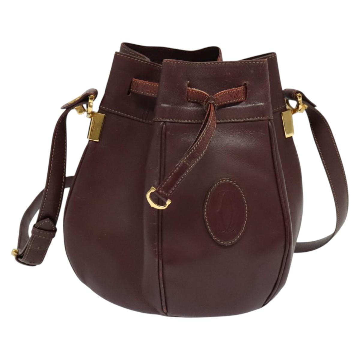 CARTIER Shoulder Bag Leather Bordeaux Gold Auth 139752