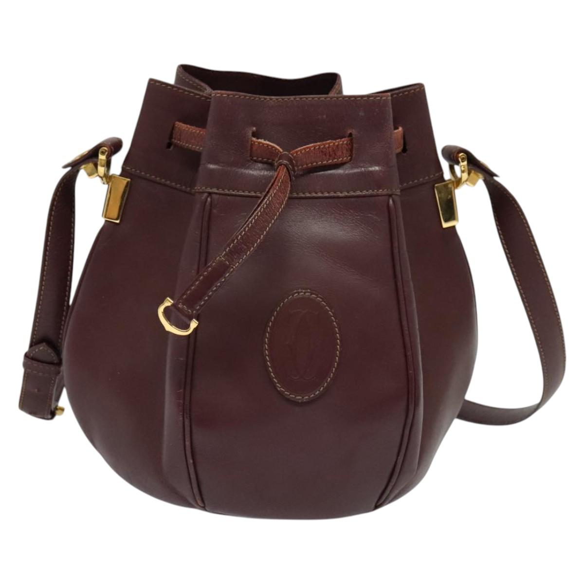 CARTIER Shoulder Bag Leather Bordeaux Gold Auth 139752